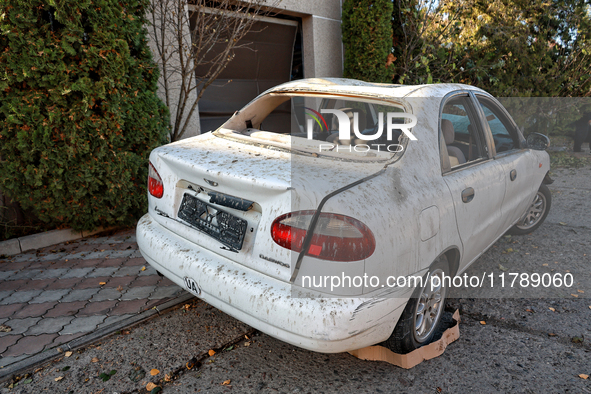 A car is damaged by a large-scale Russian missile strike in the Odesa region, Ukraine, on November 17, 2024. In the recent massive attack, R...