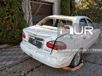 A car is damaged by a large-scale Russian missile strike in the Odesa region, Ukraine, on November 17, 2024. In the recent massive attack, R...