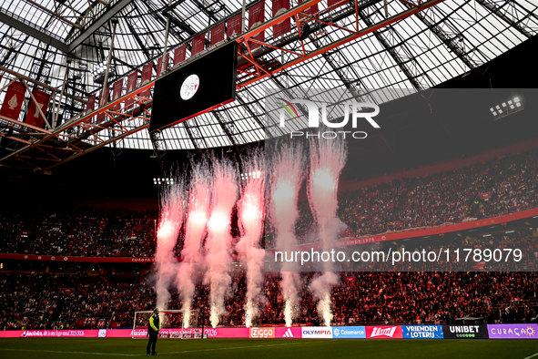 Fireworks occur at the start of the match during the Ajax Legends - Real Madrid Legends game at the Johan Cruijff ArenA for the Dutch Erediv...