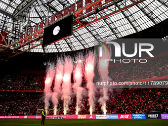 Fireworks occur at the start of the match during the Ajax Legends - Real Madrid Legends game at the Johan Cruijff ArenA for the Dutch Erediv...