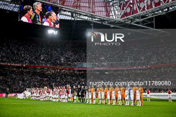 The teams line up during the match between Ajax Legends and Real Madrid Legends at the Johan Cruijff ArenA for the Dutch Eredivisie season 2...