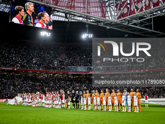 The teams line up during the match between Ajax Legends and Real Madrid Legends at the Johan Cruijff ArenA for the Dutch Eredivisie season 2...