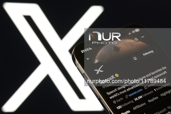 An editorial image shows an iPhone screen displaying Space X's account on the X social network platform. 