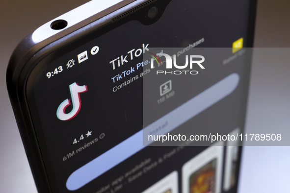 The logo of the social network TikTok appears on the screen of a smartphone in Reno, United States, on November 18, 2024. 