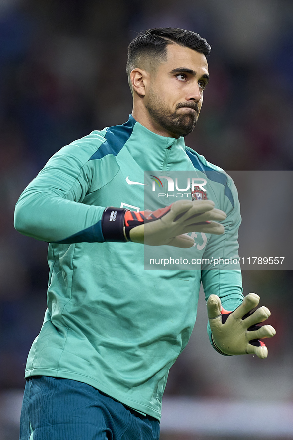 Diogo Costa of Portugal reacts during the warm-up prior to the UEFA Nations League 2024/25 League A Group A1 match between Portugal and Pola...