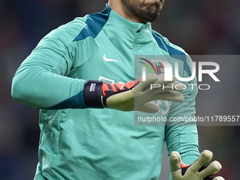 Diogo Costa of Portugal reacts during the warm-up prior to the UEFA Nations League 2024/25 League A Group A1 match between Portugal and Pola...