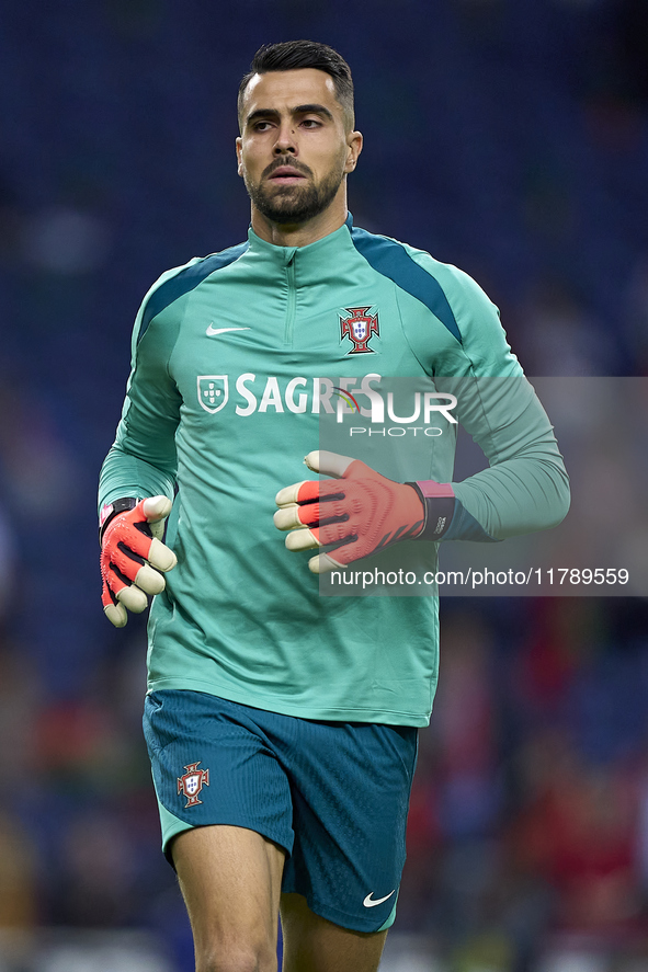 Diogo Costa of Portugal warms up before the UEFA Nations League 2024/25 League A Group A1 match between Portugal and Poland at Estadio Do Dr...