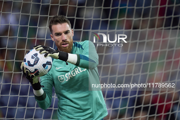 Jose Sa of Portugal warms up before the UEFA Nations League 2024/25 League A Group A1 match between Portugal and Poland at Estadio Do Dragao...