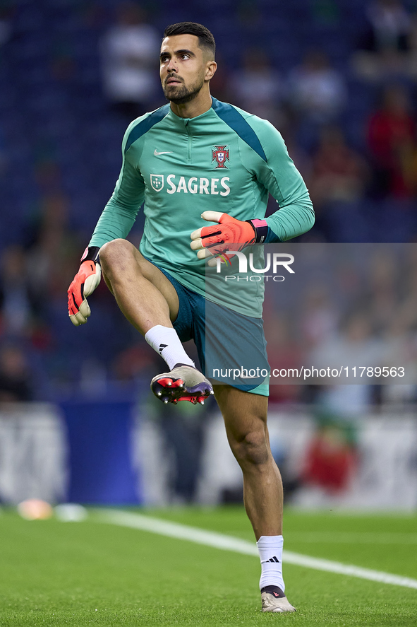 Diogo Costa of Portugal warms up before the UEFA Nations League 2024/25 League A Group A1 match between Portugal and Poland at Estadio Do Dr...