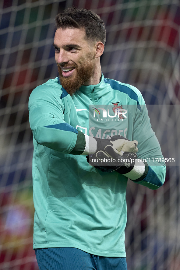 Jose Sa of Portugal reacts during the warm-up prior to the UEFA Nations League 2024/25 League A Group A1 match between Portugal and Poland a...