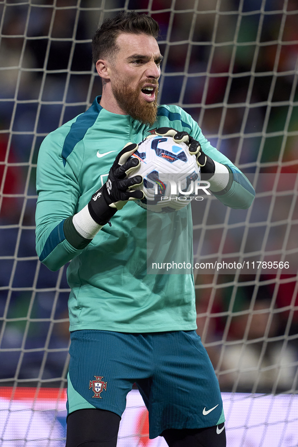 Jose Sa of Portugal reacts during the warm-up prior to the UEFA Nations League 2024/25 League A Group A1 match between Portugal and Poland a...