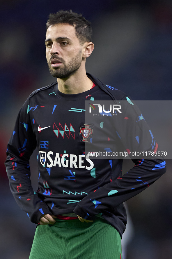 Bernardo Silva of Portugal looks on during the warm-up prior to the UEFA Nations League 2024/25 League A Group A1 match between Portugal and...