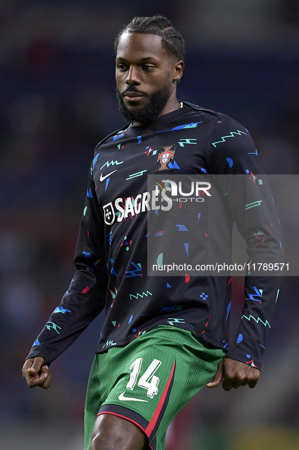 Nuno Tavares of Portugal looks on during the warm-up prior to the UEFA Nations League 2024/25 League A Group A1 match between Portugal and P...