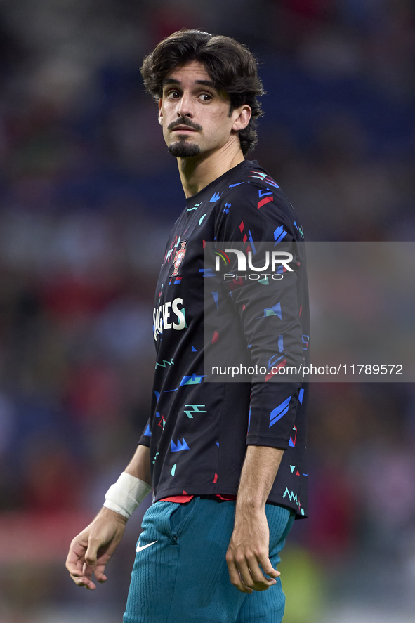 Francisco Trincao of Portugal looks on during the warm-up prior to the UEFA Nations League 2024/25 League A Group A1 match between Portugal...