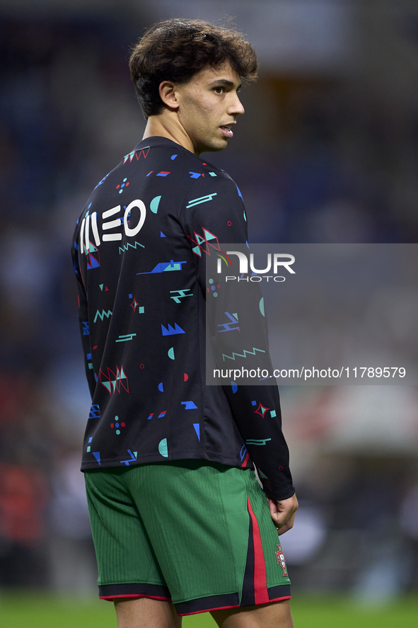 Joao Felix of Portugal looks on during the warm-up prior to the UEFA Nations League 2024/25 League A Group A1 match between Portugal and Pol...