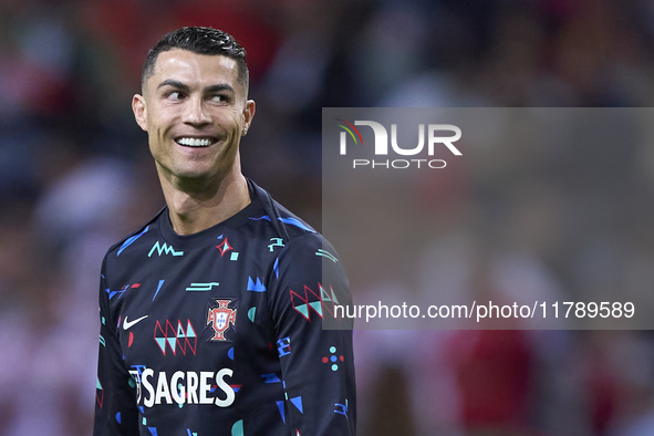 Cristiano Ronaldo of Portugal reacts during the warm-up prior to the UEFA Nations League 2024/25 League A Group A1 match between Portugal an...