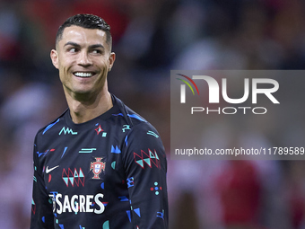 Cristiano Ronaldo of Portugal reacts during the warm-up prior to the UEFA Nations League 2024/25 League A Group A1 match between Portugal an...