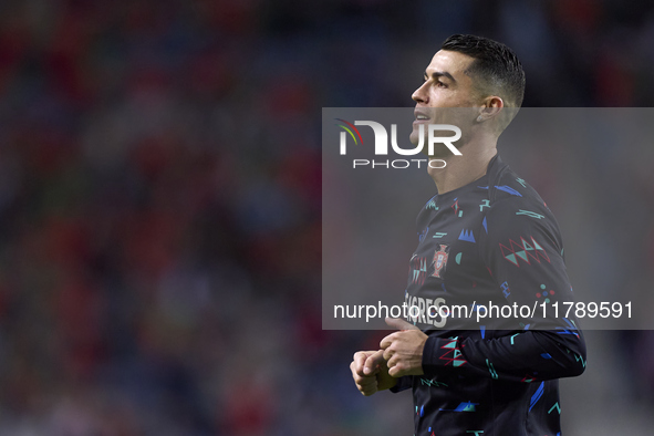 Cristiano Ronaldo of Portugal reacts during the warm-up prior to the UEFA Nations League 2024/25 League A Group A1 match between Portugal an...