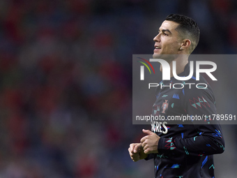 Cristiano Ronaldo of Portugal reacts during the warm-up prior to the UEFA Nations League 2024/25 League A Group A1 match between Portugal an...