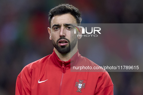 Bruno Fernandes of Portugal looks on before the UEFA Nations League 2024/25 League A Group A1 match between Portugal and Poland at Estadio D...