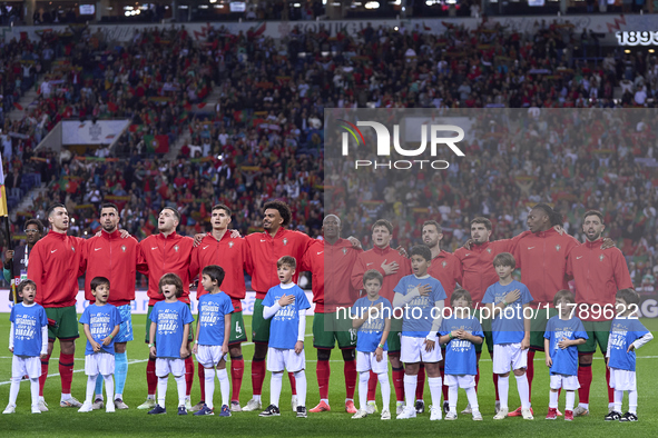 Players of Portugal sing the hymn before the UEFA Nations League 2024/25 League A Group A1 match between Portugal and Poland at Estadio Do D...