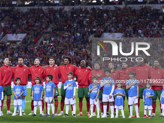 Players of Portugal sing the hymn before the UEFA Nations League 2024/25 League A Group A1 match between Portugal and Poland at Estadio Do D...