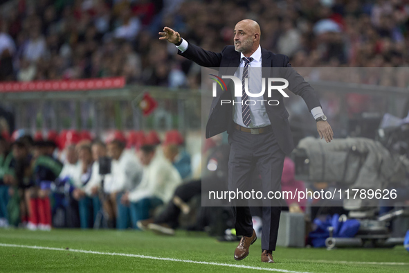 Michal Probierz, Head Coach of Poland, reacts during the UEFA Nations League 2024/25 League A Group A1 match between Portugal and Poland at...