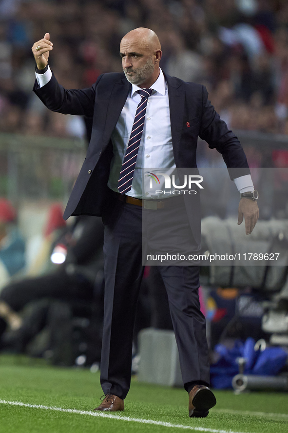 Michal Probierz, Head Coach of Poland, reacts during the UEFA Nations League 2024/25 League A Group A1 match between Portugal and Poland at...