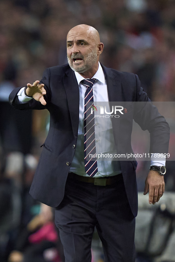 Michal Probierz, Head Coach of Poland, reacts during the UEFA Nations League 2024/25 League A Group A1 match between Portugal and Poland at...