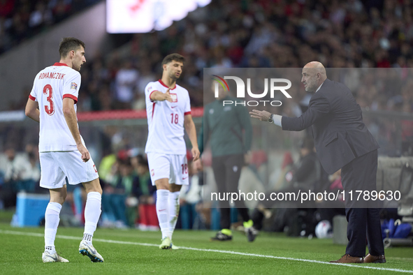 Michal Probierz, Head Coach of Poland, gives instructions to Taras Romanczuk of Poland during the UEFA Nations League 2024/25 League A Group...