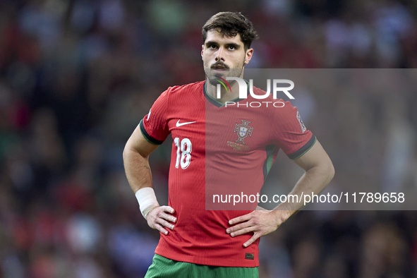 Pedro Neto of Portugal reacts during the UEFA Nations League 2024/25 League A Group A1 match between Portugal and Poland at Estadio Do Draga...