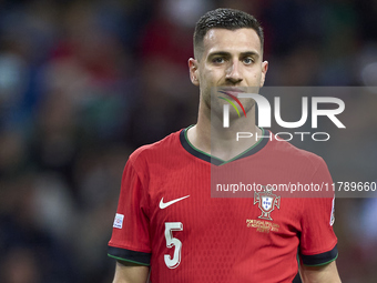 Diogo Dalot of Portugal reacts during the UEFA Nations League 2024/25 League A Group A1 match between Portugal and Poland at Estadio Do Drag...