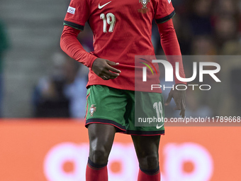 Nuno Mendes of Portugal is in action during the UEFA Nations League 2024/25 League A Group A1 match between Portugal and Poland at Estadio D...