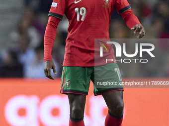 Nuno Mendes of Portugal is in action during the UEFA Nations League 2024/25 League A Group A1 match between Portugal and Poland at Estadio D...