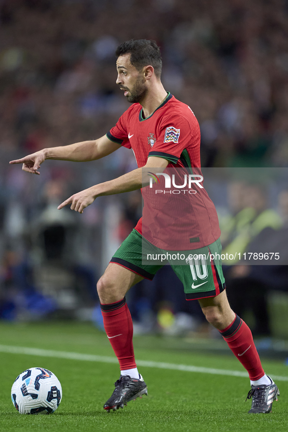 Bernardo Silva of Portugal is in action during the UEFA Nations League 2024/25 League A Group A1 match between Portugal and Poland at Estadi...