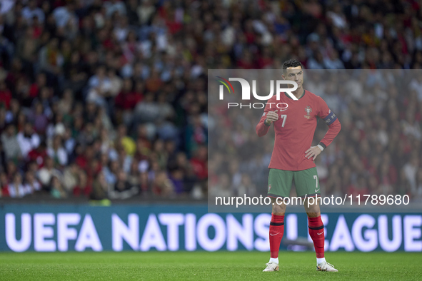 Cristiano Ronaldo of Portugal reacts during the UEFA Nations League 2024/25 League A Group A1 match between Portugal and Poland at Estadio D...