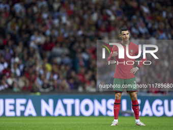 Cristiano Ronaldo of Portugal reacts during the UEFA Nations League 2024/25 League A Group A1 match between Portugal and Poland at Estadio D...