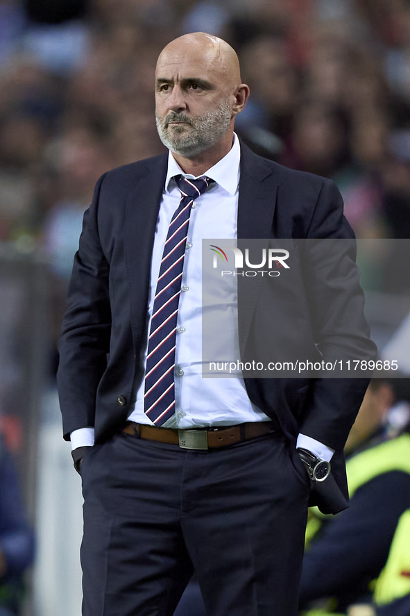 Michal Probierz, Head Coach of Poland, reacts during the UEFA Nations League 2024/25 League A Group A1 match between Portugal and Poland at...