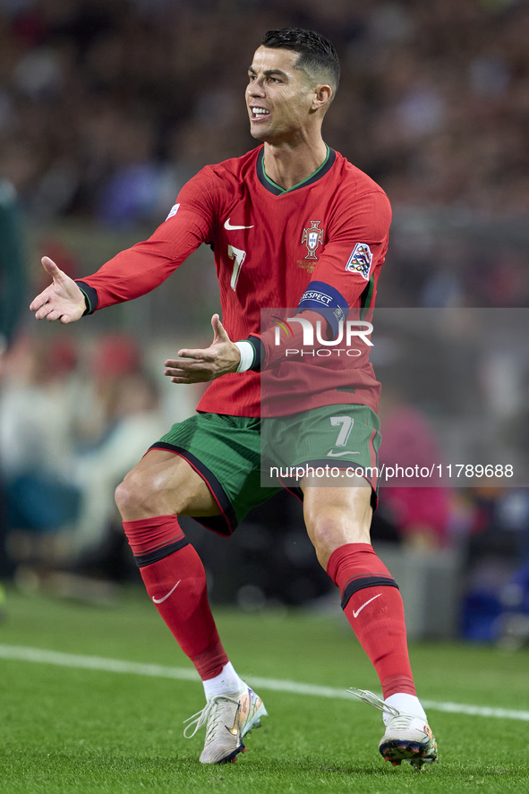 Cristiano Ronaldo of Portugal reacts during the UEFA Nations League 2024/25 League A Group A1 match between Portugal and Poland at Estadio D...