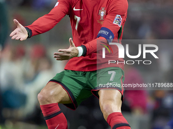 Cristiano Ronaldo of Portugal reacts during the UEFA Nations League 2024/25 League A Group A1 match between Portugal and Poland at Estadio D...