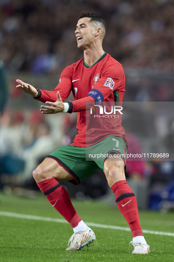 Cristiano Ronaldo of Portugal reacts during the UEFA Nations League 2024/25 League A Group A1 match between Portugal and Poland at Estadio D...