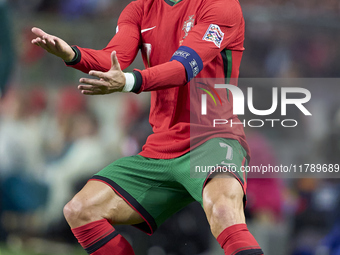 Cristiano Ronaldo of Portugal reacts during the UEFA Nations League 2024/25 League A Group A1 match between Portugal and Poland at Estadio D...