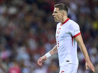 Jan Bednarek of Poland reacts during the UEFA Nations League 2024/25 League A Group A1 match between Portugal and Poland at Estadio Do Draga...