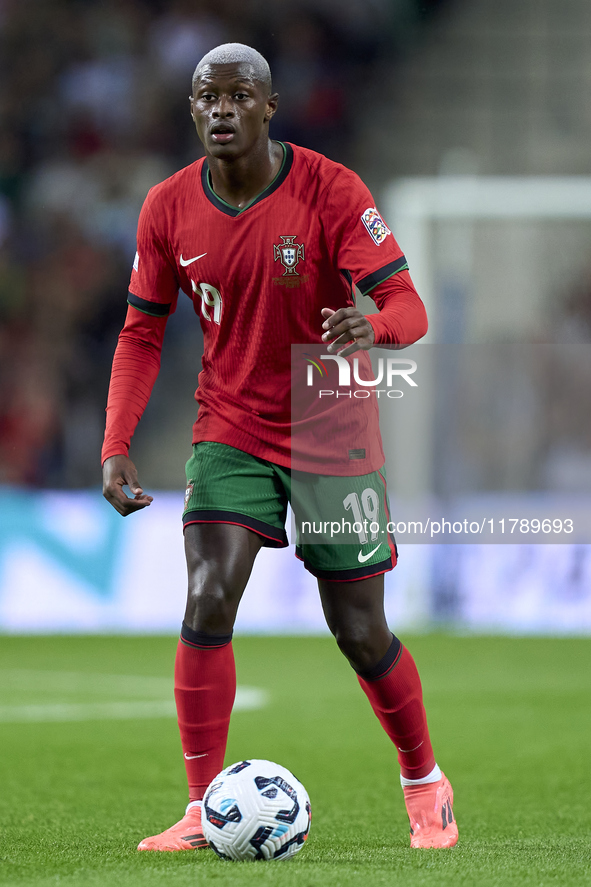 Nuno Mendes of Portugal is in action during the UEFA Nations League 2024/25 League A Group A1 match between Portugal and Poland at Estadio D...