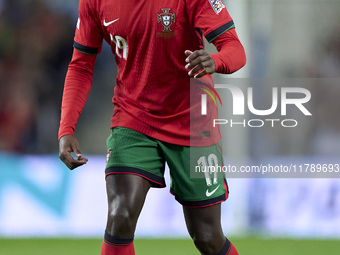 Nuno Mendes of Portugal is in action during the UEFA Nations League 2024/25 League A Group A1 match between Portugal and Poland at Estadio D...