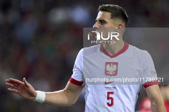 Jan Bednarek of Poland looks on during the UEFA Nations League 2024/25 League A Group A1 match between Portugal and Poland at Estadio Do Dra...