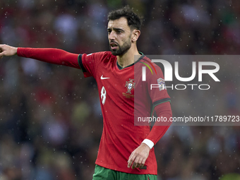 Bruno Fernandes of Portugal reacts during the UEFA Nations League 2024/25 League A Group A1 match between Portugal and Poland at Estadio Do...