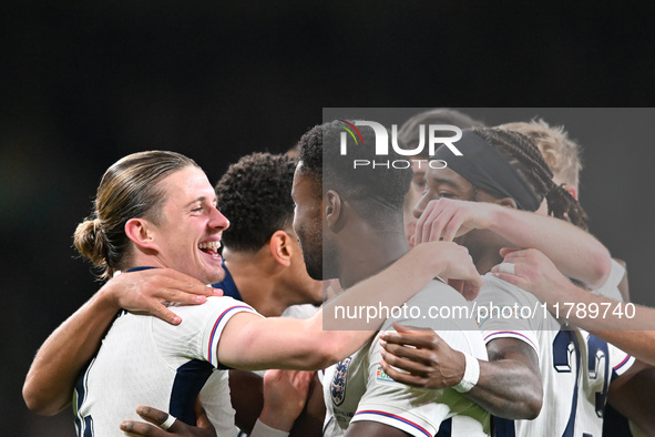 Connor Gallagher (left) celebrates his goal with teammates during the UEFA Nations League 2024/5, League B, Group B2 match between England a...