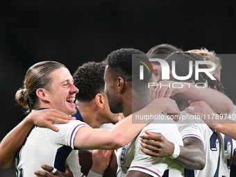 Connor Gallagher (left) celebrates his goal with teammates during the UEFA Nations League 2024/5, League B, Group B2 match between England a...