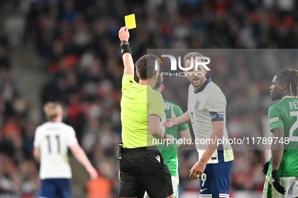 Harry Kane (9 England) receives a yellow card during the UEFA Nations League 2024/5, League B, Group B2 match between England and the Republ...